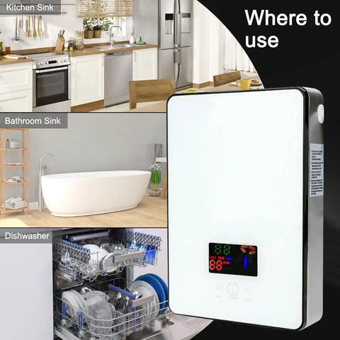 Instant 4500W Tankless Electric Water Heater With LED Display 110V next to kitchen, bathroom sink, and dishwasher use examples.