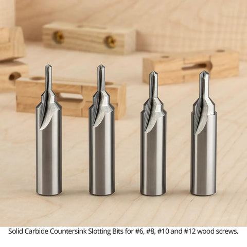 Heavy Duty Countersink Slotting Router Bit Set Four Piece Solid Carbide Professional Grade Go To Tool For Six Eight Ten Twelve Screw Blocks Built Tough Stateside displayed on wooden background.