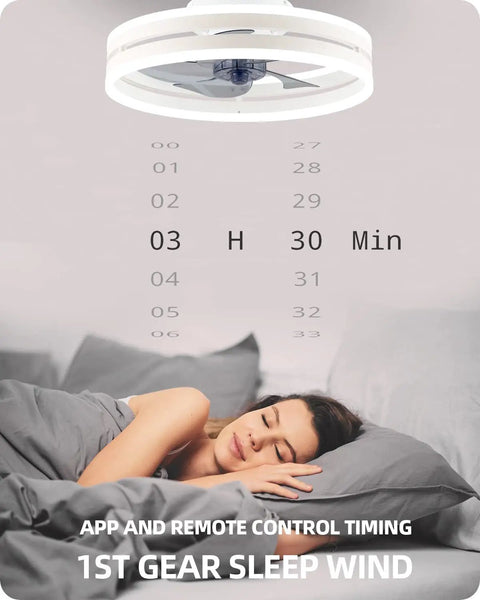 Bladeless Ceiling Fan With Light And Bluetooth Speaker, flush mount over sleeping person, showing app and remote control timing.