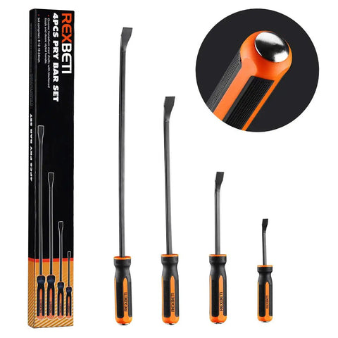 Heavy Duty Pry Bar Set 8 12 18 24 Inch Four Piece Mechanic Hand Tools With Thick Strike Cap Handles Black And Orange Finish