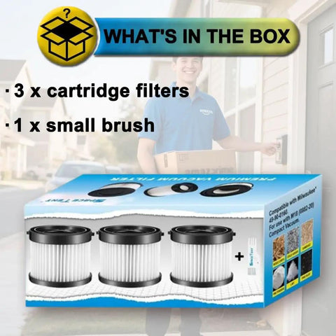 Three Pack HEPA Dry Vacuum Filter Kit For M18 Compact Vacuum 0882-20, Includes 3 Replacement Filters 49-90-1951, 49-90-0160 And A Small Brush displayed on packaging