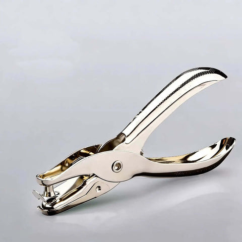 Metal craft hole punch for scrapbooking and tickets, ergonomic one-hand tool, punches 6mm holes, up to 8 sheets, front view.