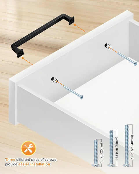 Matte Black Cabinet Pulls Pack Of 20, 5 Inch Length, 128mm hole center, showing installation on a drawer with screws