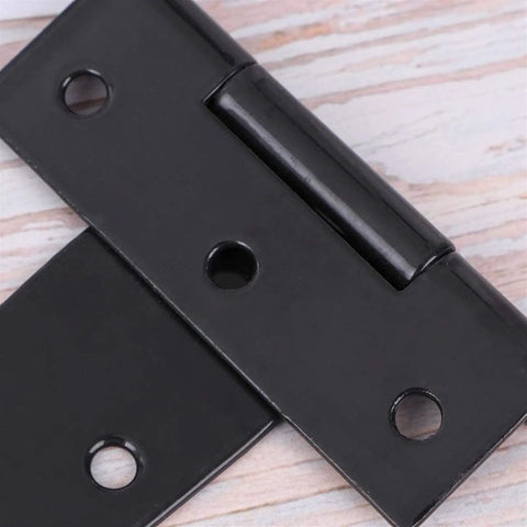 Tough As Nails T Shape Triangular Door Hinge With Ball Bearings Premium Iron Build showing black finish and drilled holes for installation.