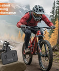 Cyclist riding MTB bike with high performance disc brake pads for MTB bikes with installation tools four pairs displayed in foreground