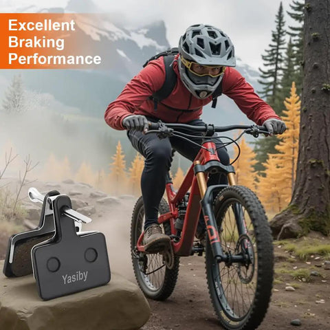 Cyclist riding MTB bike with high performance disc brake pads for MTB bikes with installation tools four pairs displayed in foreground