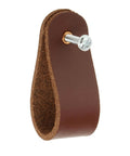 Leather Furniture Handle Pull With Screws For Cabinets And Doors, brown looped leather pull with screw visible, modern rustic design.