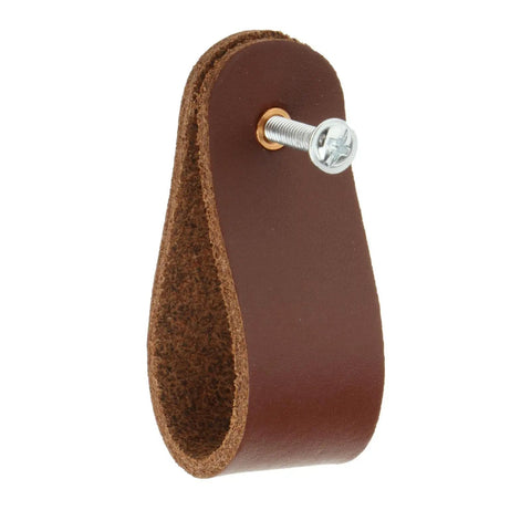Leather Furniture Handle Pull With Screws For Cabinets And Doors, brown looped leather pull with screw visible, modern rustic design.