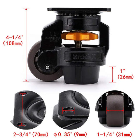 Beefy Heavy Duty Leveling Casters with large top plate and retractable NBR pad, dimensions labeled, pack of 4, 3300 lbs capacity