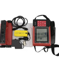 No Fuss Stud Finder And Wall Scanner With Wireless Pipe Cable Detector and Steel Rebar Locator displayed with accessories and cables.