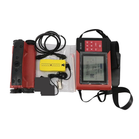 No Fuss Stud Finder And Wall Scanner With Wireless Pipe Cable Detector and Steel Rebar Locator displayed with accessories and cables.