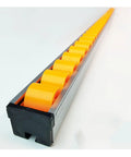 Heavy Duty Flow Rack Conveyor With Plastic Skate Wheels For Smooth Pallet Transport In Warehouses featuring yellow rollers on aluminum rails.