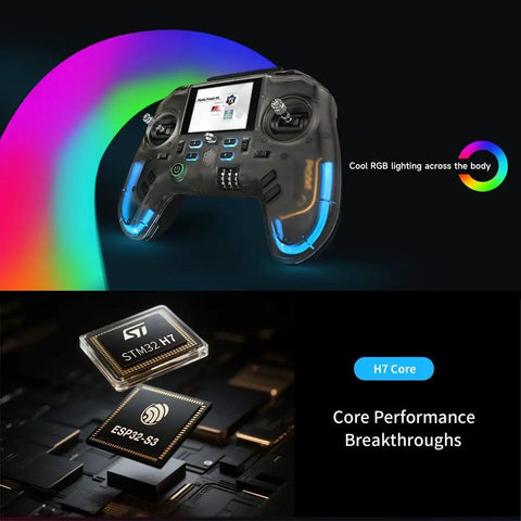 Flysky ProArt PA01 Radio Transmitter highlighted with RGB lighting, IPS screen, and H7 and ESP32-S3 chips for FPV drones.