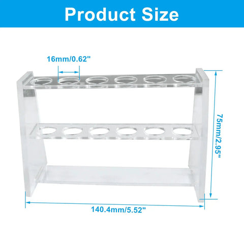 Clear Acrylic Test Tube Rack With 6 Holes For 16mm Tubes, dimensions 5.52 x 2.95 in, showing rack size and hole measurements.
