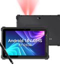 Hardcore 10.1 Inch Android 14 Industrial Tablet With Built In Zebra Barcode Scanner Heavy Duty 8GB Ram 128GB Storage Drop Resistant Rugged PC For Warehouse Inventory And Retail Ops, showing front and back view.