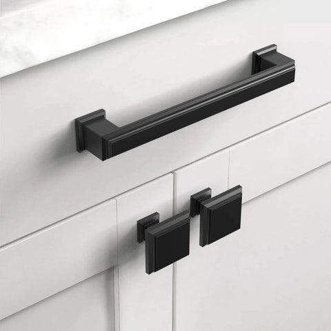 Matte Black Kitchen Cabinet Pulls Set Of 10 5 Inch Metal Cabinet Handles for cupboards and drawers, installed on white cabinet doors