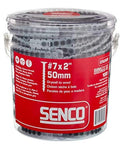 Bucket of Duraspin 7 By 2 Inch Drywall To Wood Collated Screws Auto Feed Ready 1000 Per Box with red label on packaging.