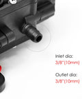 Close-up of Rugged 12V DC Fresh Water Pump inlet and outlet diameters, showing 3/8 inch (10mm) connections.