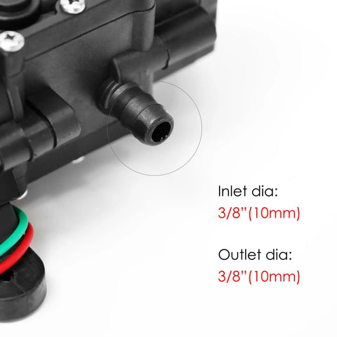 Close-up of Rugged 12V DC Fresh Water Pump inlet and outlet diameters, showing 3/8 inch (10mm) connections.