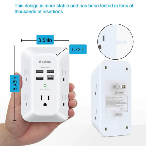 Five Outlet Surge Protector Power Strip With USB Ports And USB C Wall Extender front and side view with measurements