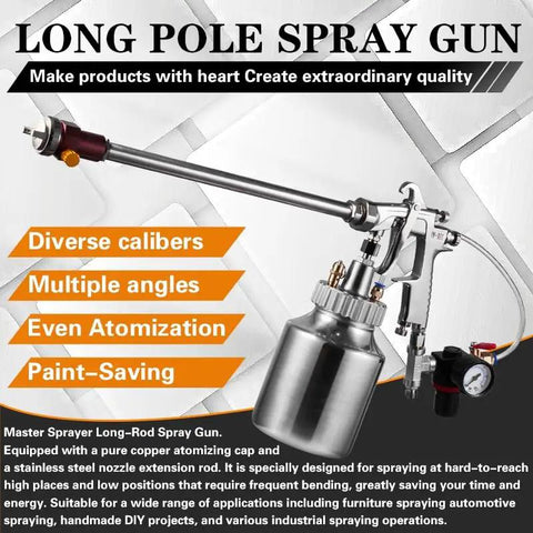 Extended Long Pole Spray Gun With One Liter Paint Cup And 100Cm Rod Delivers Sweet Auto And Furniture Finishing Heavy Duty Brass Nozzles For Non Stop Projects Everyone Swears By, featuring a stainless steel cup and long extension.
