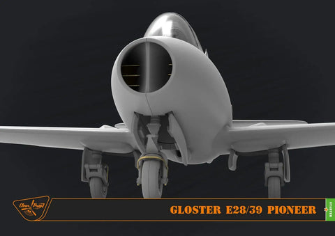 Front view of Gloster E28/39 Pioneer 1 to 72 scale aircraft model kit with 84 plastic parts, showcasing detailed nose section.