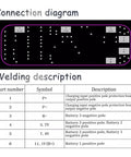 Connection diagram for Straight Fire 3Pcs 3S Bms 12V 10A Lithium Battery Management Balance Board with welding details.