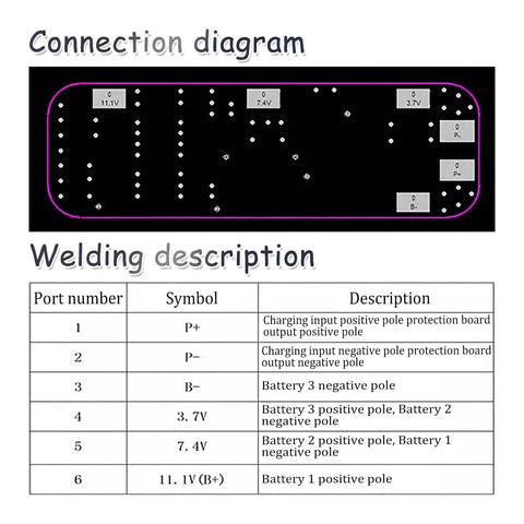 Connection diagram for Straight Fire 3Pcs 3S Bms 12V 10A Lithium Battery Management Balance Board with welding details.