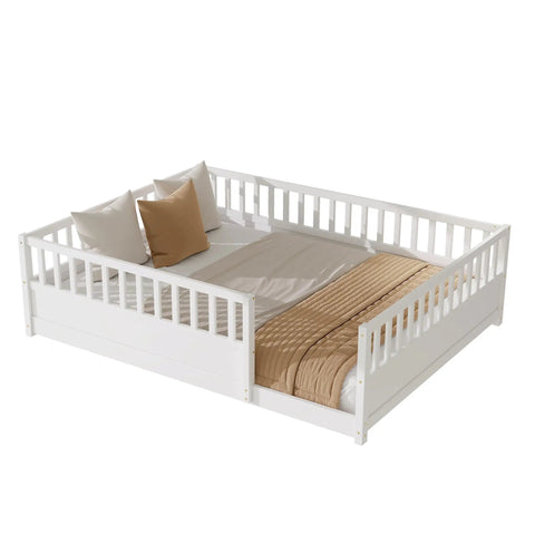 Queen Montessori Floor Bed With 21.46-Inch Wraparound Guardrails for Toddlers and Kids, low-profile solid wood, no box spring needed.