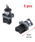 3 Pack ZB2-BE101 2 Position 1NO SPST 22mm Latching Round Top Rotary Selector Switch AC 600V 10A front and side view