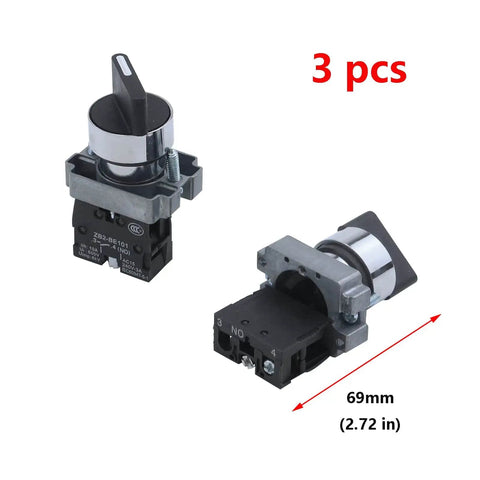 3 Pack ZB2-BE101 2 Position 1NO SPST 22mm Latching Round Top Rotary Selector Switch AC 600V 10A front and side view