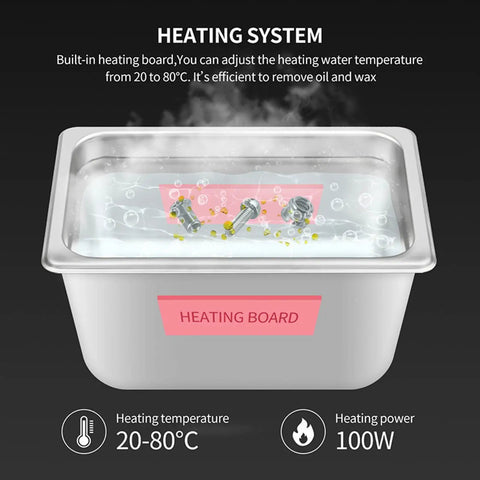 Heavy Duty Heated Ultrasonic Cleaner With Fast Adjustments And Durable 304 Stainless Steel Tank For Sparkling Jewelry Dental Tools Circuit Boards And Hardware Shop Gear Solid Workhorse Setup with heating water.