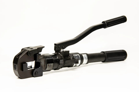 S-240CC Handheld Hydraulic Cutting Tool With Anvil Style Center Cut Blades shown with black handles and cutting head.