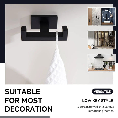 Double Towel Hook Matte Black Stainless Steel Bathroom Towel Holder Wall Mount For Towels Robes Coats And Bags SUS304 Durable Design With 40mm Depth Non Slip Easy Hang No Fuss Heavy Duty Finish