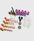 71Pcs Stubby TIG Torch Consumables Kit for WP17 WP18 WP26 Welders, includes gas lens, alumina nozzles, copper collets displayed.
