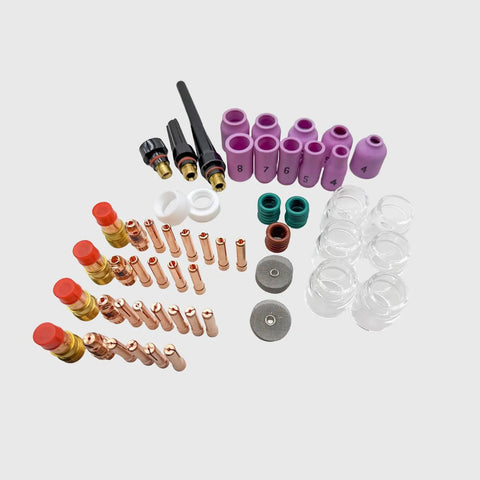 71Pcs Stubby TIG Torch Consumables Kit for WP17 WP18 WP26 Welders, includes gas lens, alumina nozzles, copper collets displayed.