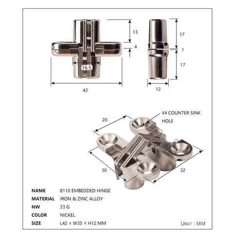 Invisible 180 Degree Alloy Folding Door Hinge Set For Cabinets And Furniture Concealed Hidden Cross Hinge For Gates Cupboards Wooden Doors And DIY Projects 10 Kg Capacity Durable And Stable Hardware, shown in detailed diagram with measurements and material details.