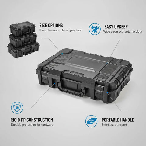 Durable Portable Plastic Tool Box With Easy Carry Handle, Rigid PP Storage Container shown with size options and features, black.