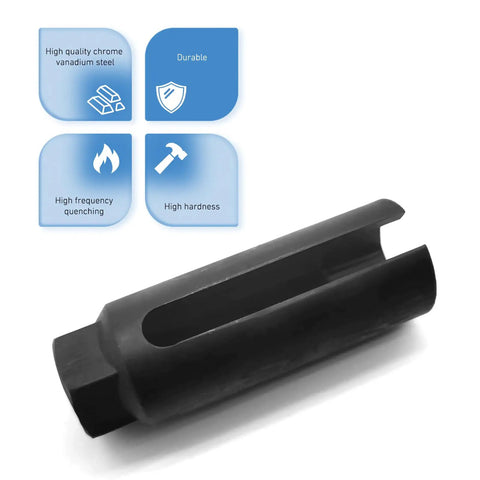 Oxygen Sensor Socket 7/8 Inch 22mm 6 Point I Type Side Gate O2 Wrench For Most Cars Side Wire Cutout Removal And Installation Tool Must Have Heavy Duty Auto Repair Gear Black, displayed with material quality icons.