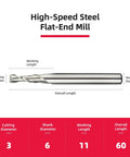 Diagram of 3mm 2 Flute HSS Straight Shank End Mill Cutter Center Cutting for Slot and Keyway Milling 60mm Overall Length 6mm Shank Pack of 2