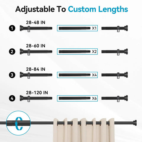 Heavy Duty Black Curtain Rods For Windows 28 To 48 Inches Five Eighths Inch Diameter Adjustable Stainless Steel Drapery Rod With Brackets For Light To Heavy Curtains shown in multiple adjustable lengths with brackets and curtains.
