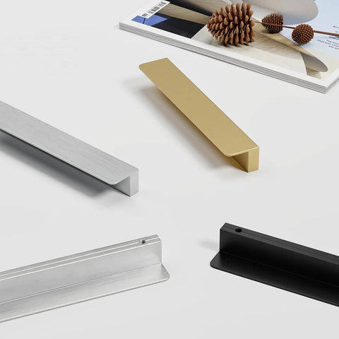 10 Pack Gold Cabinet Handles And Finger Pulls, 7 9/16 Inch Edge Pulls For Cabinets, Drawers, Cupboards, And Closets displayed on table