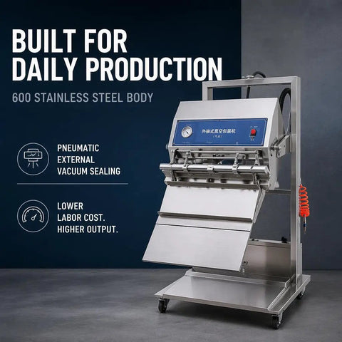Big Time Vertical Pneumatic Vacuum Sealer With Wide 600mm Stainless Steel Sealing Bar And Rolling Cart for easy food prepping.