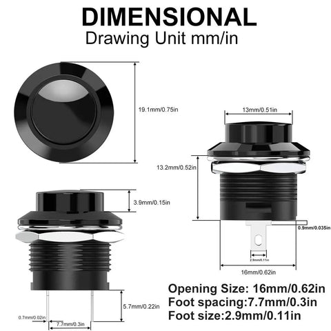 No Lock Momentary Push Button Switch Round Black Cap, dimensions and measurements, normally open, 15.8mm thread, DIY friendly.