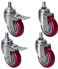 Heavy Duty 5 Inch TPU Swivel Casters With Snap Brakes For Shop Carts And Hospital Gear Roll Smooth As Silk On Hard Surfaces Double Bearings Crush Heavy Loads Effortlessly Four Pack shown on display with shiny steel mounts and red TPU treads.
