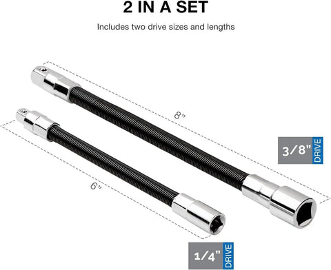 Flexible Socket Extension Bar Set With 1/4-Inch And 3/8-Inch Drives, showing 6-inch and 8-inch chrome vanadium steel bars for auto repairs.