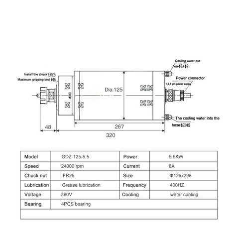 Technical diagram of 5.5kW CNC Spindle Motor Water Cooled 220V 380V ER25 Chuck With Z Axis 125x298mm with specifications.
