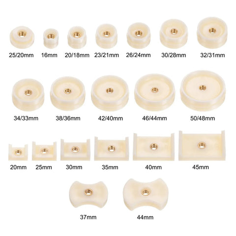 20 Piece Watch Case Press Die Kit With Nylon Fitting Dies For Table Model Capping Machine Includes Round Square And Shield Dies For Back Case Repair DIY Friendly White ABS Plastic showing round and square dies with sizes