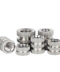 M6 Knurled Stainless Steel Insert Nuts For Injection Molding Visible in Various Angles Showing Thread and Knurled Features