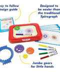Jumbo Spiral Gear Art Kit for Kids 3 And Up with colorful gears, markers, design guide, and paper showcasing retro spiral designs.